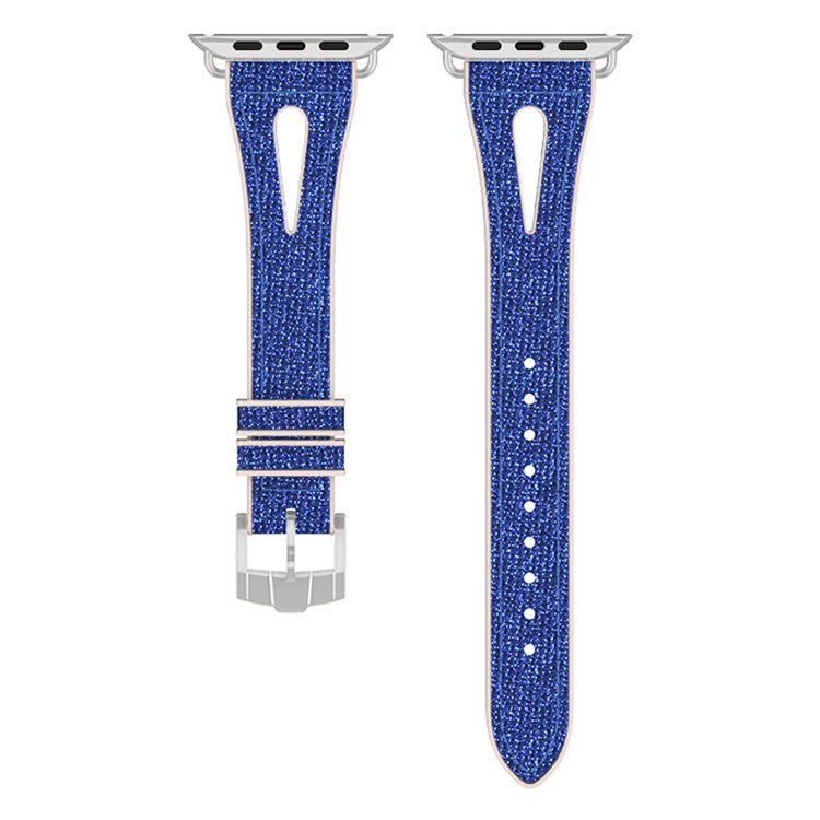 For Apple Watch Series 10 46mm / Ultra 2 Ultra 49mm / Series 9 8 7 45mm / SE (2023) SE (2022) SE 6 5 4 44mm / 3 2 1 42mm Silicone + Glitter Leather Watch Strap Adjustable Wristband - Blue
