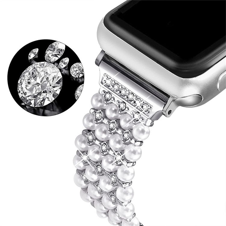 For Apple Watch Series 10 42mm / 9 8 7 41mm / 6 5 4 SE SE (2022) SE (2023) 40mm / 3 2 1 38mm Easy Adjustment Watch Band Pearl Decor Replacement Wrist Strap - Silver