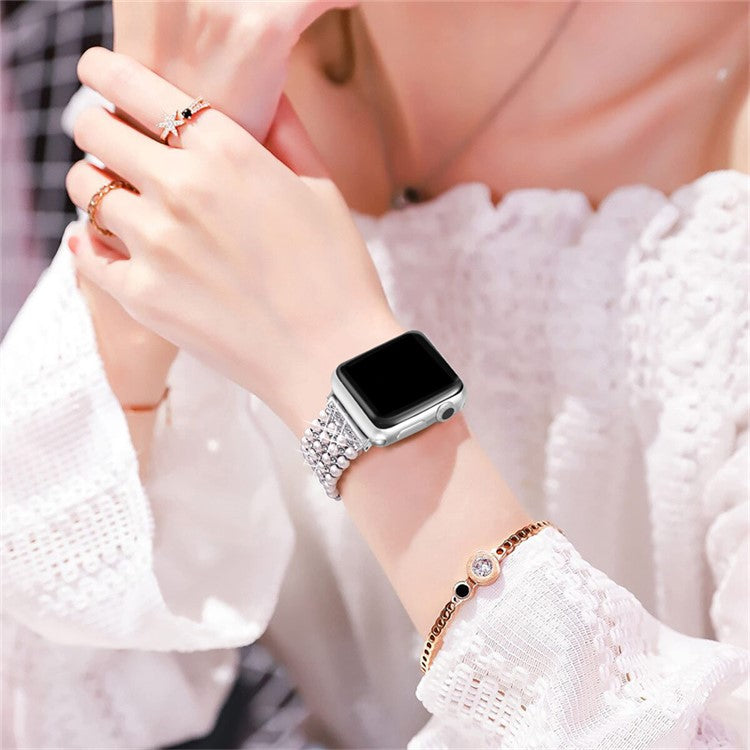 For Apple Watch Series 10 42mm / 9 8 7 41mm / 6 5 4 SE SE (2022) SE (2023) 40mm / 3 2 1 38mm Easy Adjustment Watch Band Pearl Decor Replacement Wrist Strap - Silver