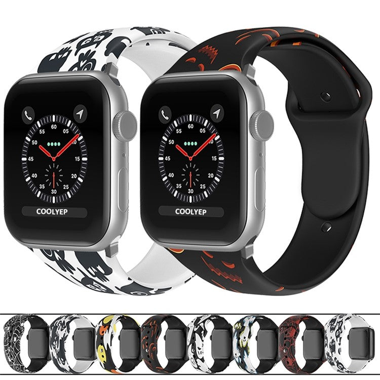 For Apple Watch Series 10 42mm / 9 8 7 41mm / 6 5 4 SE SE (2022) SE (2023) 40mm / 3 2 1 38mm Halloween Pattern Silicone Watch Band Replacement Wrist Strap, Size: S / M - Black Pumpkins