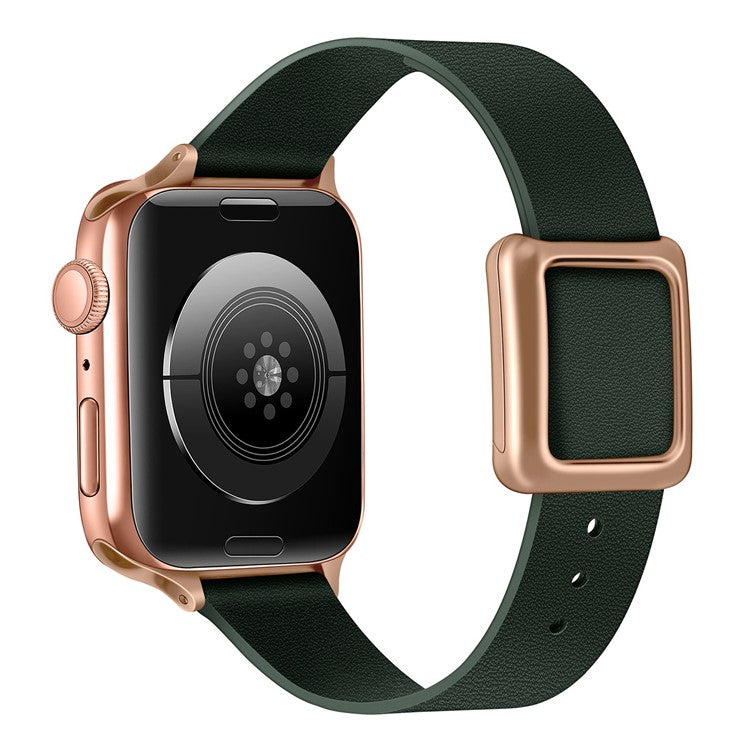 For Apple Watch Series 10 46mm / Ultra 2 Ultra 49mm / 9 8 7 45mm / SE (2023) SE (2022) SE 6 5 4 44mm / 3 2 1 42mm Genuine Leather Watch Strap Rose Gold Buckle Magnetic Closure Wristband - Fir Green
