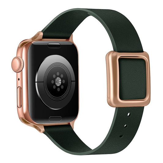 For Apple Watch Series 10 46mm / Ultra 2 Ultra 49mm / 9 8 7 45mm / SE (2023) SE (2022) SE 6 5 4 44mm / 3 2 1 42mm Genuine Leather Watch Strap Rose Gold Buckle Magnetic Closure Wristband - Fir Green