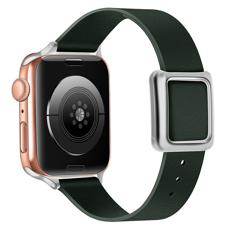 For Apple Watch Series 10 46mm / Ultra 2 Ultra 49mm / 9 8 7 45mm / SE (2023) SE (2022) SE 6 5 4 44mm / 3 2 1 42mm Magnetic Design Silver Buckle Genuine Leather Replacement Watch Wrist Strap - Fir Green