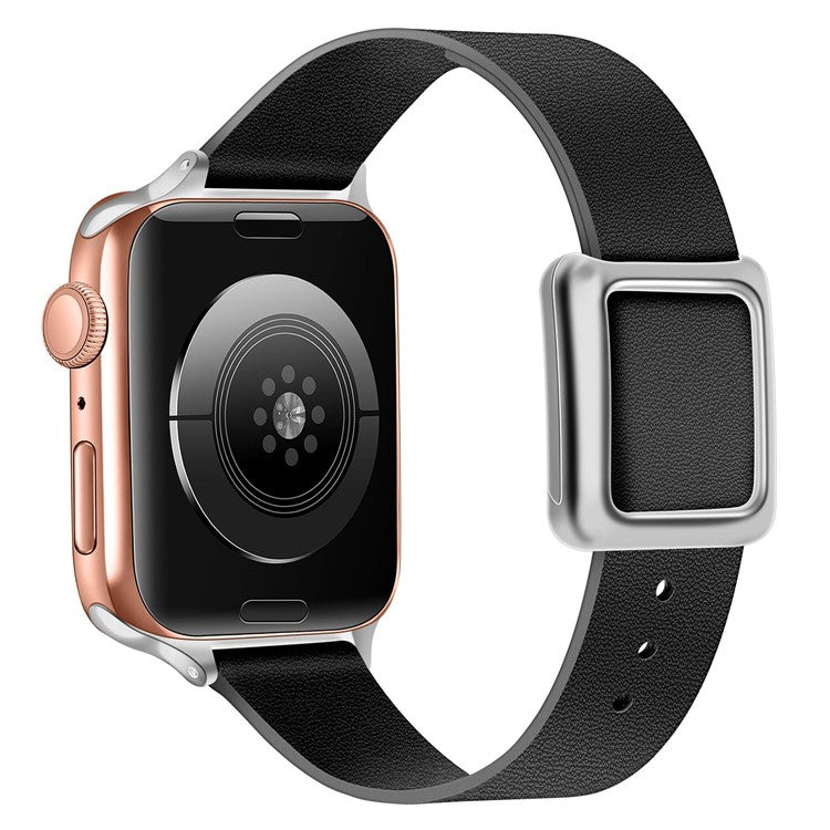 For Apple Watch Series 10 46mm / Ultra 2 Ultra 49mm / 9 8 7 45mm / SE (2023) SE (2022) SE 6 5 4 44mm / 3 2 1 42mm Magnetic Design Silver Buckle Genuine Leather Replacement Watch Wrist Strap - Black