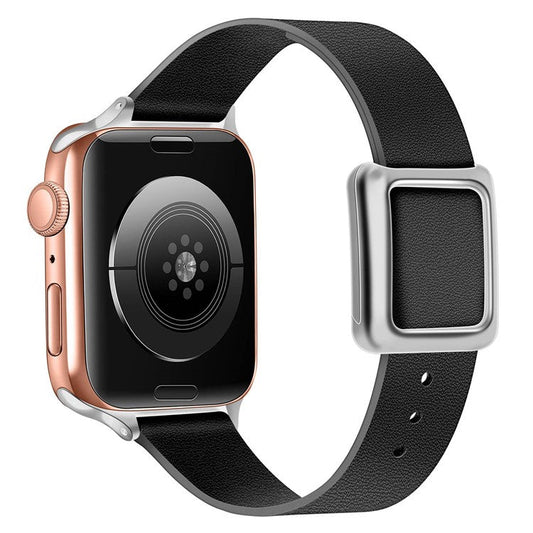 For Apple Watch Series 10 46mm / Ultra 2 Ultra 49mm / 9 8 7 45mm / SE (2023) SE (2022) SE 6 5 4 44mm / 3 2 1 42mm Magnetic Design Silver Buckle Genuine Leather Replacement Watch Wrist Strap - Black
