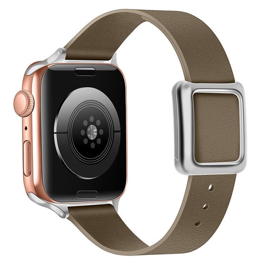 For Apple Watch Series 10 46mm / Ultra 2 Ultra 49mm / 9 8 7 45mm / SE (2023) SE (2022) SE 6 5 4 44mm / 3 2 1 42mm Magnetic Design Silver Buckle Genuine Leather Replacement Watch Wrist Strap - Grey-Brown