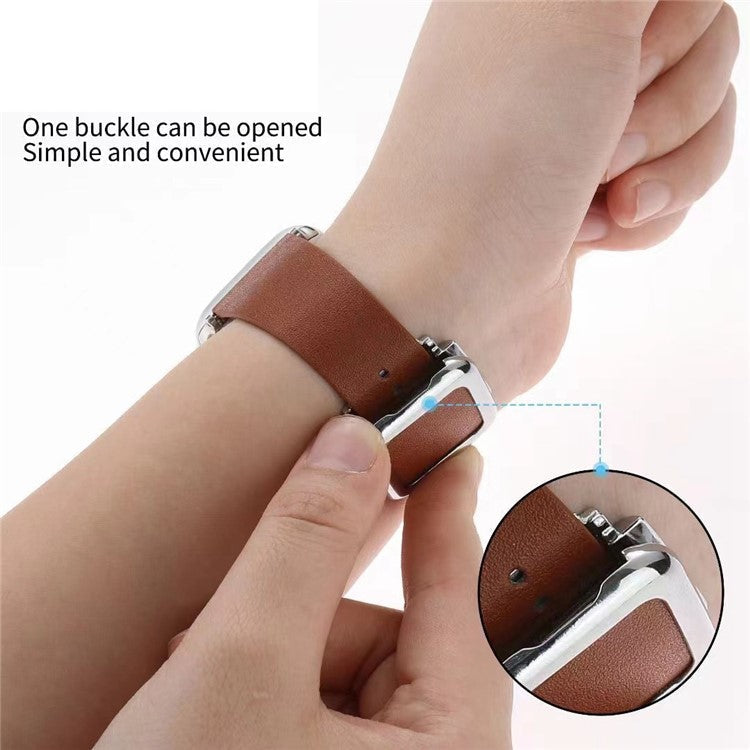 For Apple Watch Series 10 46mm / Ultra 2 Ultra 49mm / 9 8 7 45mm / SE (2023) SE (2022) SE 6 5 4 44mm / 3 2 1 42mm Magnetic Design Silver Buckle Genuine Leather Replacement Watch Wrist Strap - Grey-Brown