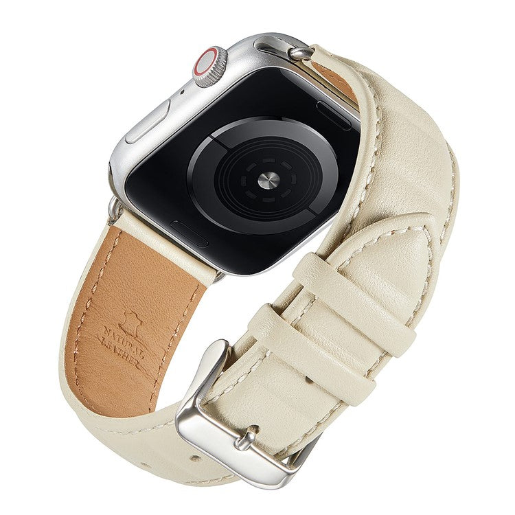 For Apple Watch Series 10 46mm / Ultra 2 Ultra 49mm / 9 8 7 45mm / SE (2023) SE (2022) SE 6 5 4 44mm / 3 2 1 42mm Square Imprinted Texture Genuine Leather Smartwatch Replacement Strap - Beige