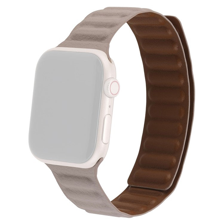 For Apple Watch Series 10 46mm / Ultra 2 Ultra 49mm / 9 8 7 45mm / SE (2023) SE (2022) SE 6 5 4 44mm / 3 2 1 42mm, Magnetic Watch Band Genuine Leather Watch Strap Replacement Parts - Khaki