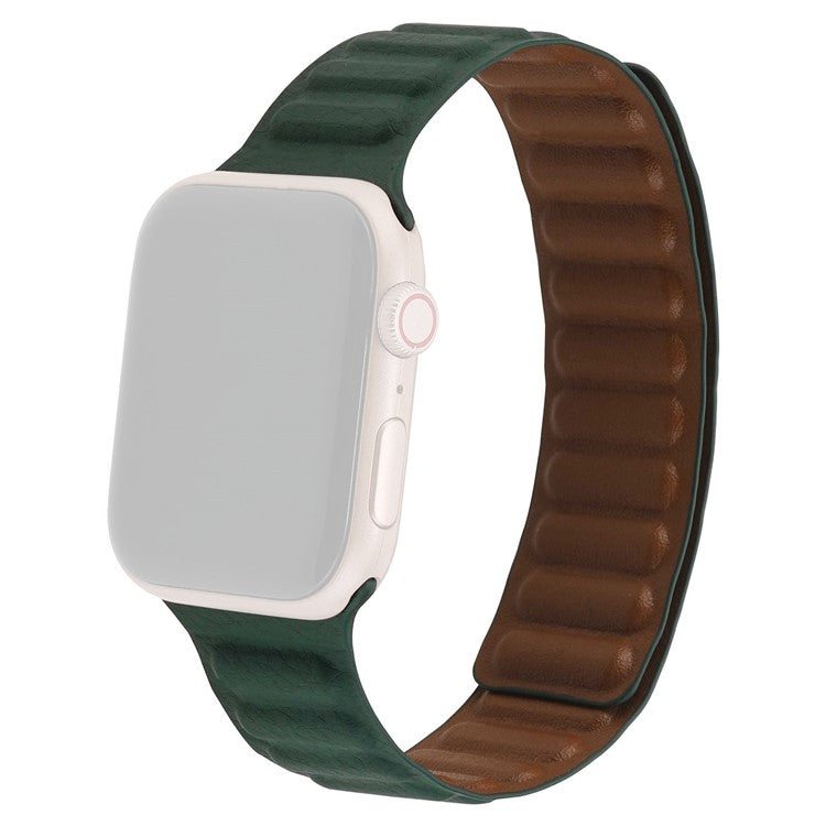 For Apple Watch Series 10 42mm / 9 8 7 41mm / 6 5 4 SE SE (2022) SE (2023) 40mm / 3 2 1 38mm, Genuine Leather Magnetic Watchband Replacement Watch Strap - Cedar Green