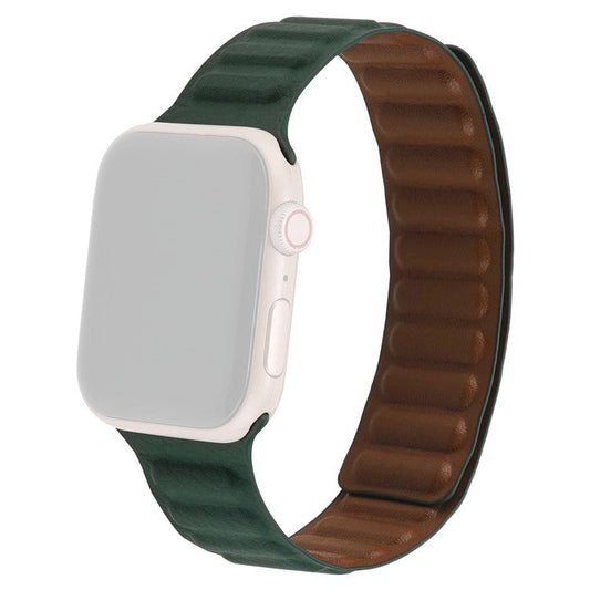 For Apple Watch Series 10 42mm / 9 8 7 41mm / 6 5 4 SE SE (2022) SE (2023) 40mm / 3 2 1 38mm, Genuine Leather Magnetic Watchband Replacement Watch Strap - Cedar Green