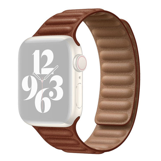 For Apple Watch Series 10 46mm / Ultra 2 Ultra 49mm / 9 8 7 45mm / SE (2023) SE (2022) SE 6 5 4 44mm / 3 2 1 42mm Magnetic Genuine Leather Watch Band Sports Adjustable Wristband - Saddle Brown