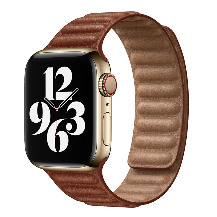 For Apple Watch Series 10 46mm / Ultra 2 Ultra 49mm / 9 8 7 45mm / SE (2023) SE (2022) SE 6 5 4 44mm / 3 2 1 42mm Magnetic Genuine Leather Watch Band Sports Adjustable Wristband - Saddle Brown