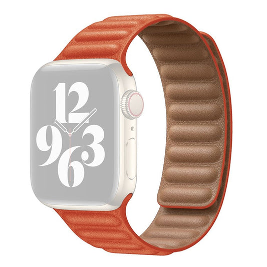 For Apple Watch Series 10 42mm / 9 8 7 41mm / 6 5 4 SE SE (2022) SE (2023) 40mm / 3 2 1 38mm Magnetic Watch Band Genuine Leather Replacement Strap - Orange