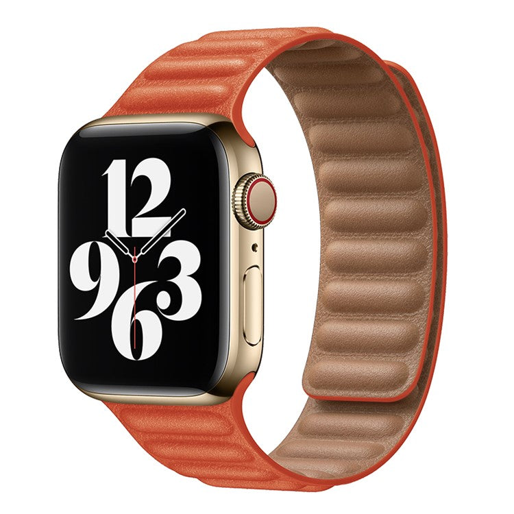 For Apple Watch Series 10 42mm / 9 8 7 41mm / 6 5 4 SE SE (2022) SE (2023) 40mm / 3 2 1 38mm Magnetic Watch Band Genuine Leather Replacement Strap - Orange