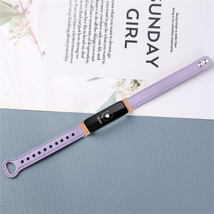 For Fitbit Inspire / Inspire HR / Inspire 2 / Ace 2 Double Snap Button Watch Strap Genuine Cowhide Leather Wrist Band, Rose Gold Connector - Light Purple