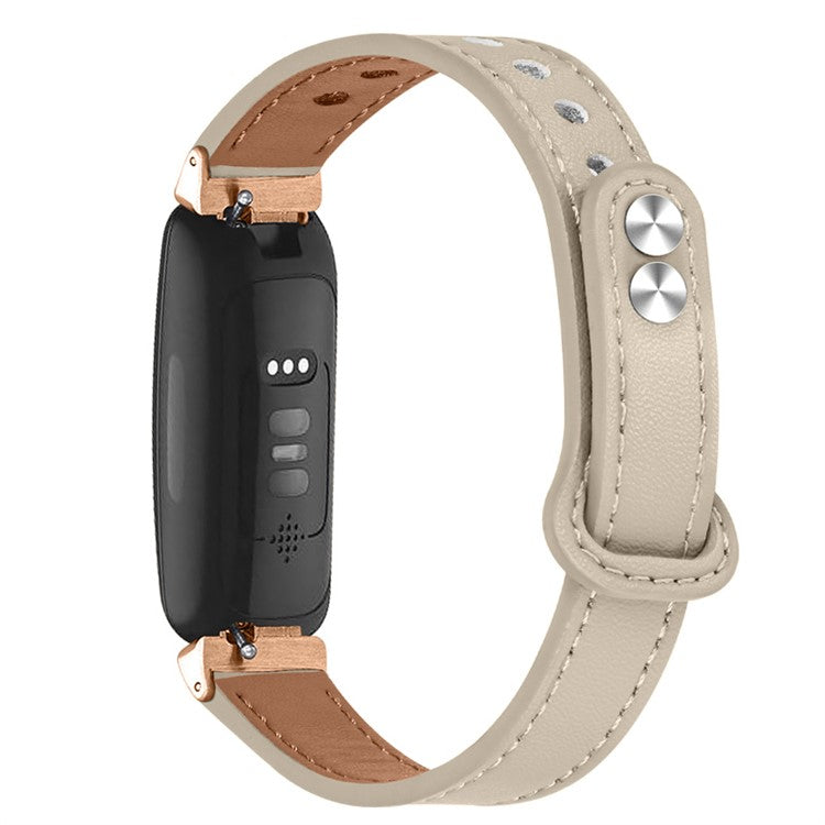 For Fitbit Inspire / Inspire HR / Inspire 2 / Ace 2 Double Snap Button Watch Strap Genuine Cowhide Leather Wrist Band, Rose Gold Connector - Ivory White