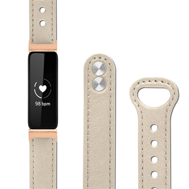 For Fitbit Inspire / Inspire HR / Inspire 2 / Ace 2 Double Snap Button Watch Strap Genuine Cowhide Leather Wrist Band, Rose Gold Connector - Ivory White