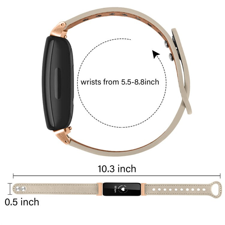 For Fitbit Inspire / Inspire HR / Inspire 2 / Ace 2 Double Snap Button Watch Strap Genuine Cowhide Leather Wrist Band, Rose Gold Connector - Ivory White