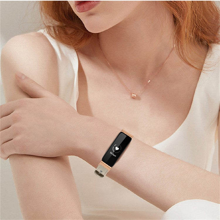 For Fitbit Inspire / Inspire HR / Inspire 2 / Ace 2 Double Snap Button Watch Strap Genuine Cowhide Leather Wrist Band, Rose Gold Connector - Ivory White