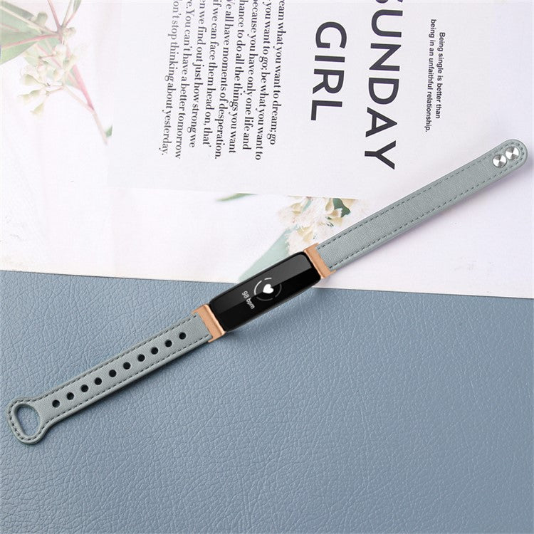For Fitbit Inspire / Inspire HR / Inspire 2 / Ace 2 Double Snap Button Watch Strap Genuine Cowhide Leather Wrist Band, Rose Gold Connector - Elephant Grey