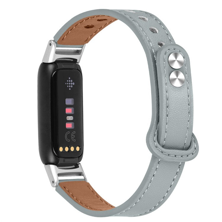 Replacement Wrist Band for Fitbit Luxe Smart Watch Adjustable Top Layer Cowhide Strap with Double Rivet, Silver Connector - Grey
