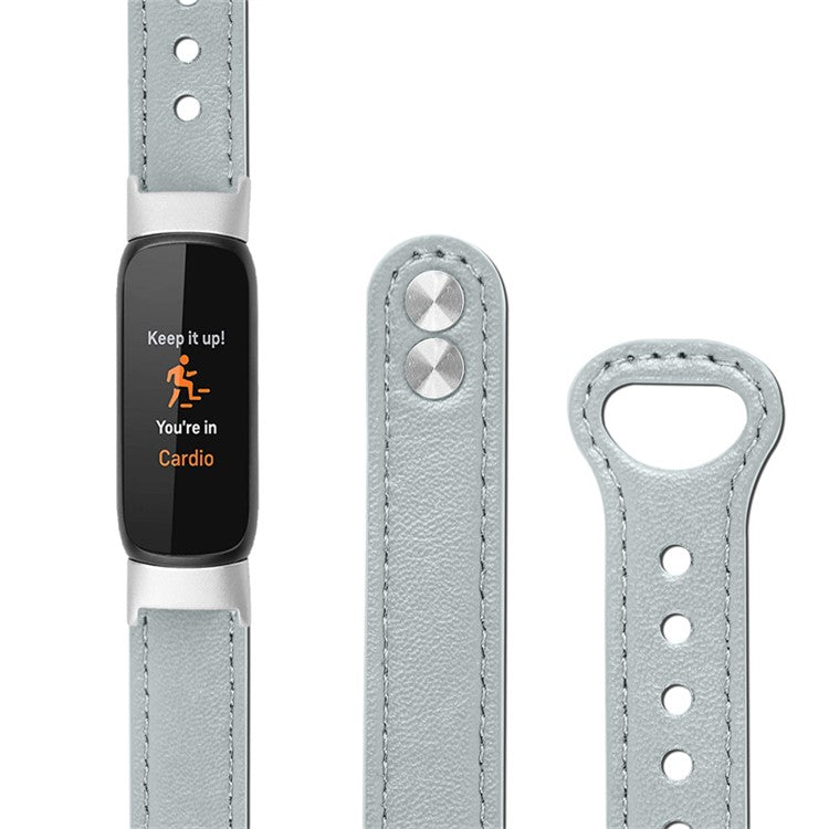 Replacement Wrist Band for Fitbit Luxe Smart Watch Adjustable Top Layer Cowhide Strap with Double Rivet, Silver Connector - Grey
