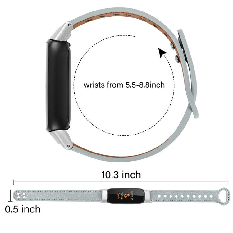 Replacement Wrist Band for Fitbit Luxe Smart Watch Adjustable Top Layer Cowhide Strap with Double Rivet, Silver Connector - Grey