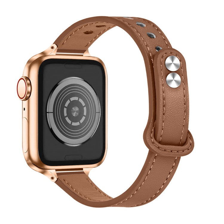 For Apple Watch Series 10 42mm / 9 8 7 41mm / 6 5 4 SE SE (2022) SE (2023) 40mm / 3 2 1 38mm Genuine Cowhide Leather Watch Band Double Rivet Replacement Strap with Connector - Brown