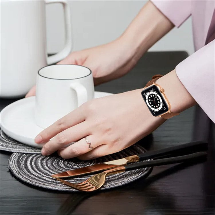 For Apple Watch Series 10 42mm / 9 8 7 41mm / 6 5 4 SE SE (2022) SE (2023) 40mm / 3 2 1 38mm Genuine Cowhide Leather Watch Band Double Rivet Replacement Strap with Connector - Brown