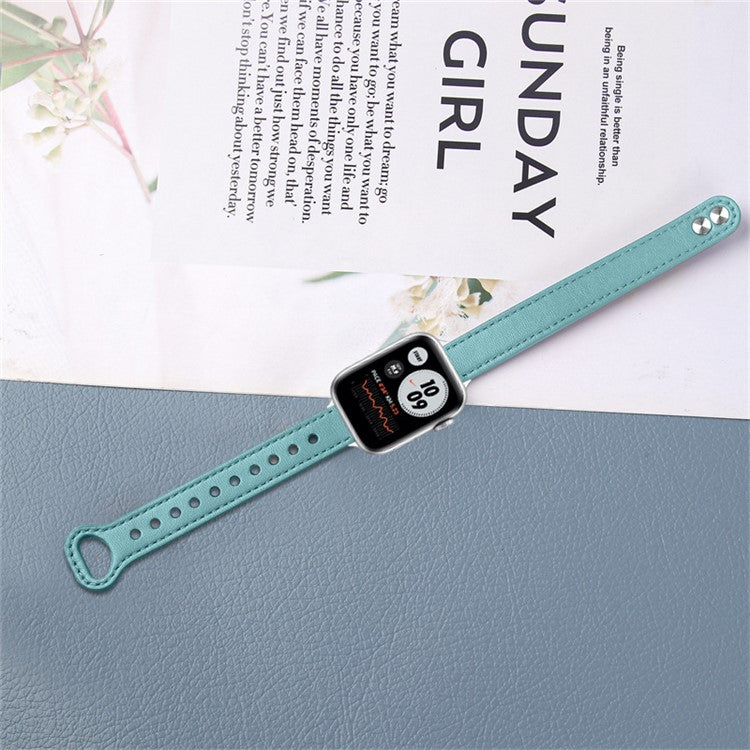 For Apple Watch Series 10 46mm / Ultra 2 Ultra 49mm / 9 8 7 45mm / SE (2023) SE (2022) SE 6 5 4 44mm / 3 2 1 42mm Top Grain Genuine Cowhide Leather Watch Strap with Rose Gold Connector - Baby Blue