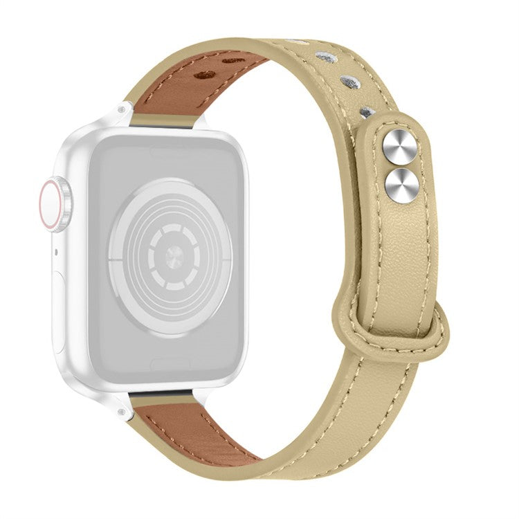 For Apple Watch Series 10 42mm / 9 8 7 41mm / 6 5 4 SE SE (2022) SE (2023) 40mm / 3 2 1 38mm Genuine Cowhide Leather Watch Band with Silver Connector - Light Apricot