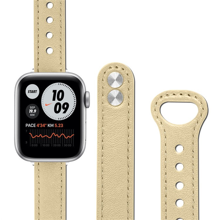 For Apple Watch Series 10 42mm / 9 8 7 41mm / 6 5 4 SE SE (2022) SE (2023) 40mm / 3 2 1 38mm Genuine Cowhide Leather Watch Band with Silver Connector - Light Apricot