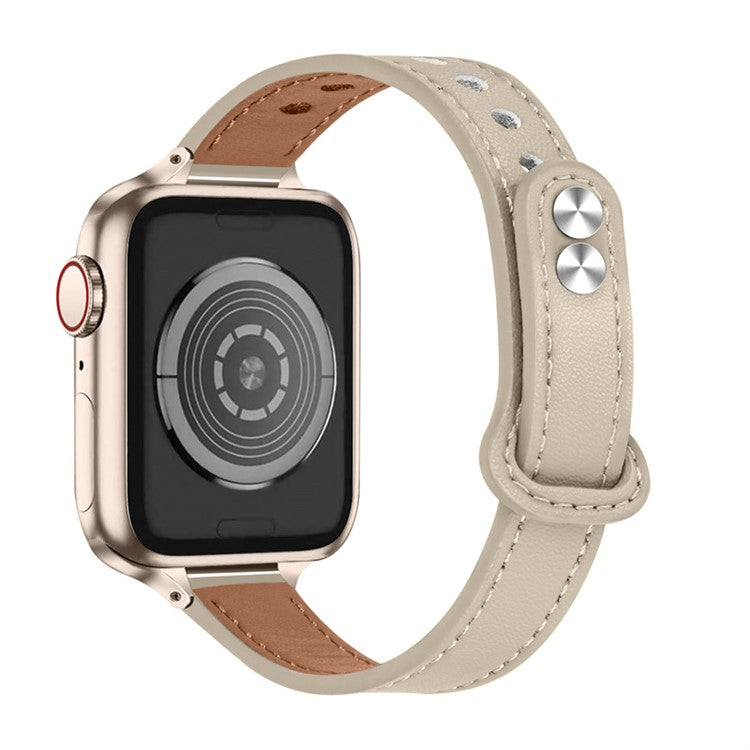 For Apple Watch Series 10 46mm / Ultra 2 Ultra 49mm / 9 8 7 45mm / SE (2023) SE (2022) SE 6 5 4 44mm / 3 2 1 42mm Genuine Cowhide Leather Double Snap Button Watch Band (Retro Gold Connector) - Ivory White