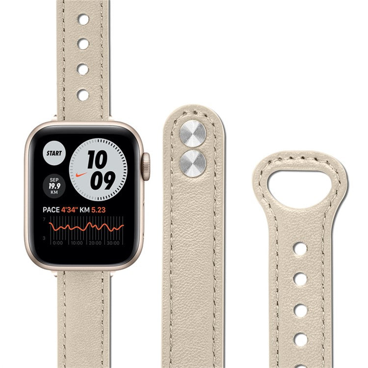 For Apple Watch Series 10 46mm / Ultra 2 Ultra 49mm / 9 8 7 45mm / SE (2023) SE (2022) SE 6 5 4 44mm / 3 2 1 42mm Genuine Cowhide Leather Double Snap Button Watch Band (Retro Gold Connector) - Ivory White