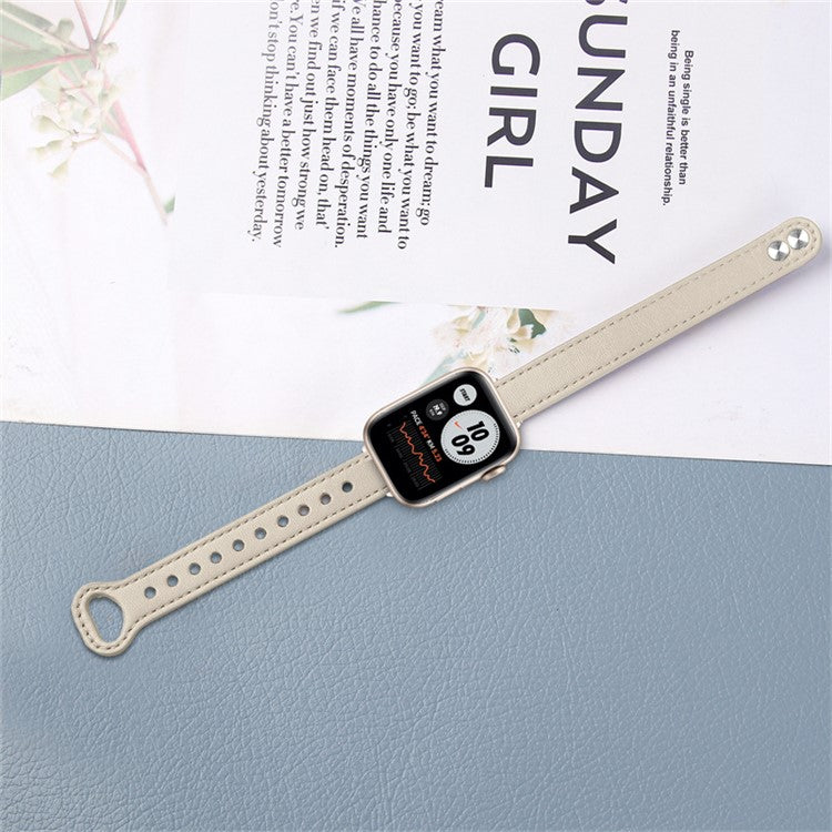 For Apple Watch Series 10 46mm / Ultra 2 Ultra 49mm / 9 8 7 45mm / SE (2023) SE (2022) SE 6 5 4 44mm / 3 2 1 42mm Genuine Cowhide Leather Double Snap Button Watch Band (Retro Gold Connector) - Ivory White