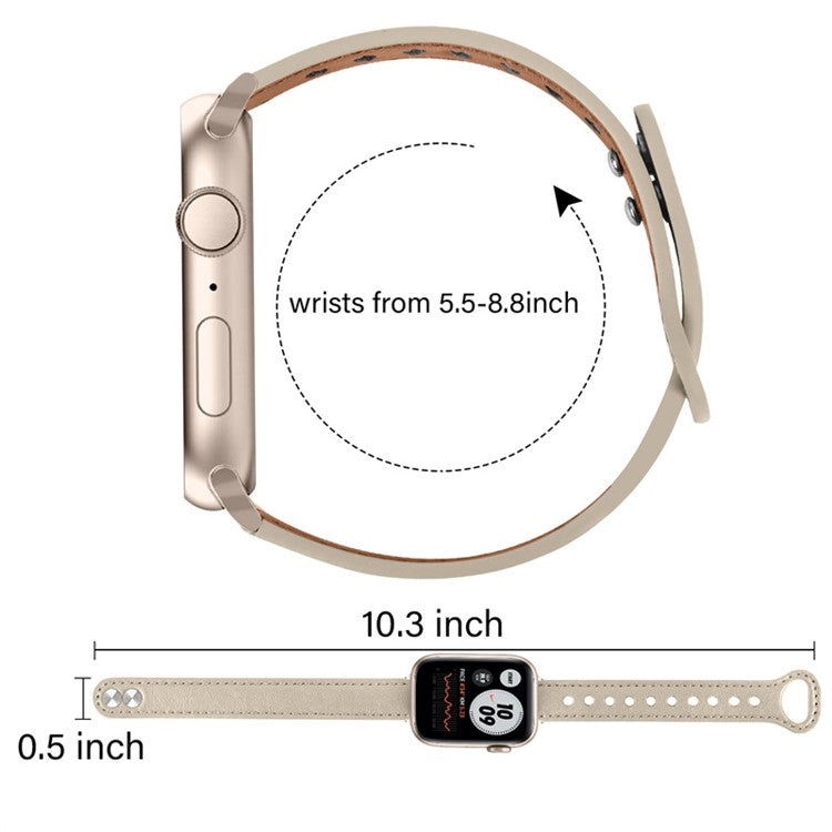 For Apple Watch Series 10 46mm / Ultra 2 Ultra 49mm / 9 8 7 45mm / SE (2023) SE (2022) SE 6 5 4 44mm / 3 2 1 42mm Genuine Cowhide Leather Double Snap Button Watch Band (Retro Gold Connector) - Ivory White
