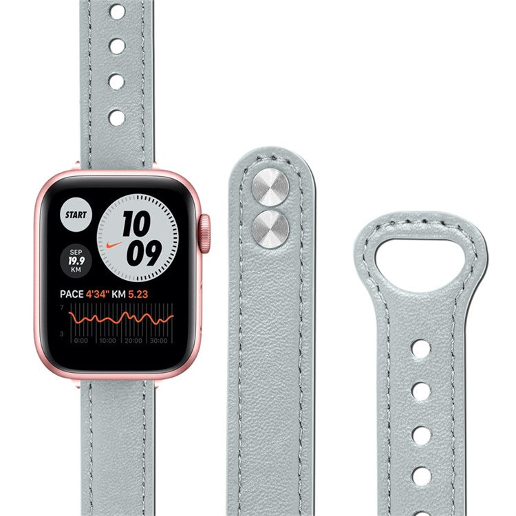 For Apple Watch Series 10 46mm / Ultra 2 Ultra 49mm / 9 8 7 45mm / SE (2023) SE (2022) SE 6 5 4 44mm / 3 2 1 42mm Genuine Leather Watch Strap Double Rivet Wrist Band, Rose Gold Connector - Grey