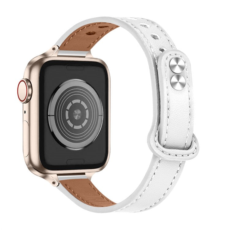 For Apple Watch Series 10 42mm / 9 8 7 41mm / 6 5 4 SE SE (2022) SE (2023) 40mm / 3 2 1 38mm Genuine Cowhide Leather Watch Band Double Snap Button Watch Strap (Retro Gold Connector) - White