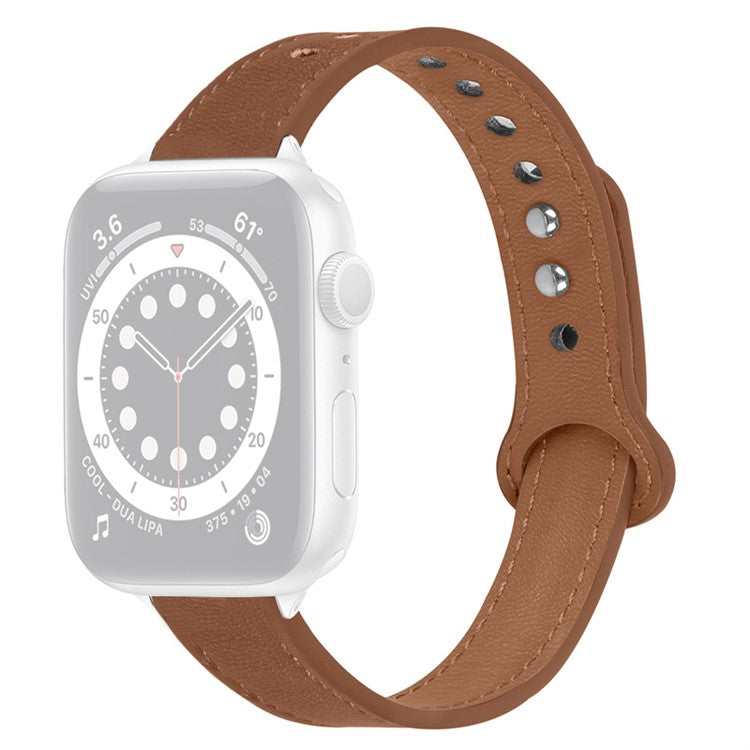 For Apple Watch Series 10 46mm / Ultra 2 Ultra 49mm / 9 8 7 45mm / SE (2023) SE (2022) SE 6 5 4 44mm / 3 2 1 42mm Genuine Cowhide Leather Watch Band Double Snap Button Strap, Silver Connector - Brown