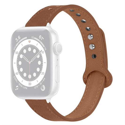 For Apple Watch Series 10 46mm / Ultra 2 Ultra 49mm / 9 8 7 45mm / SE (2023) SE (2022) SE 6 5 4 44mm / 3 2 1 42mm Genuine Cowhide Leather Watch Band Double Snap Button Strap, Silver Connector - Brown
