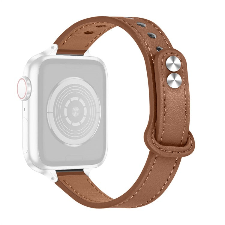 For Apple Watch Series 10 46mm / Ultra 2 Ultra 49mm / 9 8 7 45mm / SE (2023) SE (2022) SE 6 5 4 44mm / 3 2 1 42mm Genuine Cowhide Leather Watch Band Double Snap Button Strap, Silver Connector - Brown