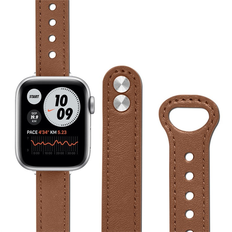 For Apple Watch Series 10 46mm / Ultra 2 Ultra 49mm / 9 8 7 45mm / SE (2023) SE (2022) SE 6 5 4 44mm / 3 2 1 42mm Genuine Cowhide Leather Watch Band Double Snap Button Strap, Silver Connector - Brown