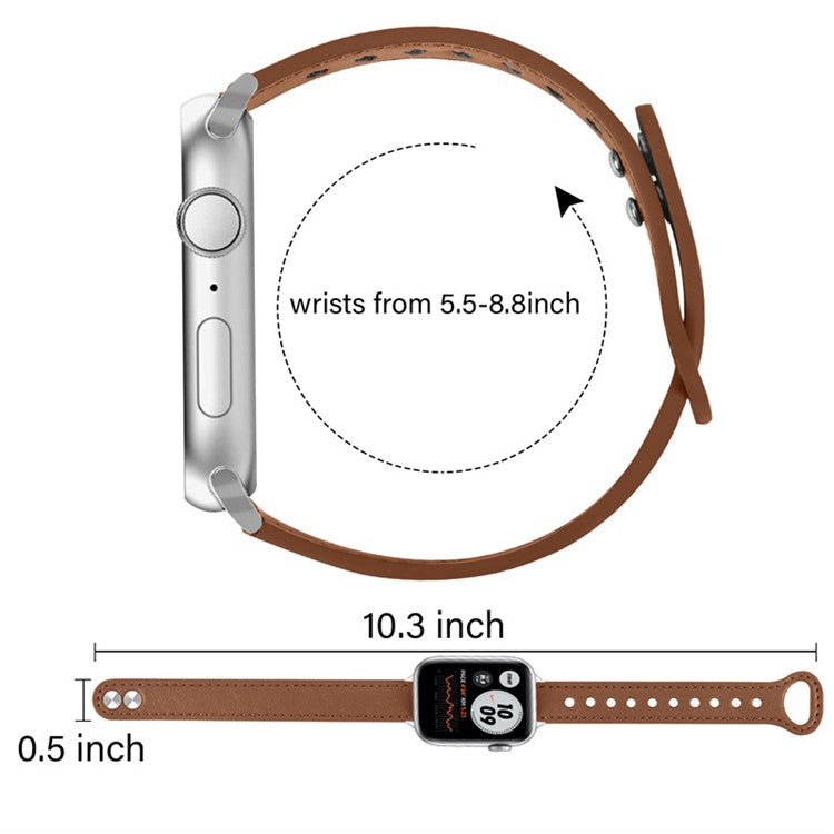 For Apple Watch Series 10 46mm / Ultra 2 Ultra 49mm / 9 8 7 45mm / SE (2023) SE (2022) SE 6 5 4 44mm / 3 2 1 42mm Genuine Cowhide Leather Watch Band Double Snap Button Strap, Silver Connector - Brown