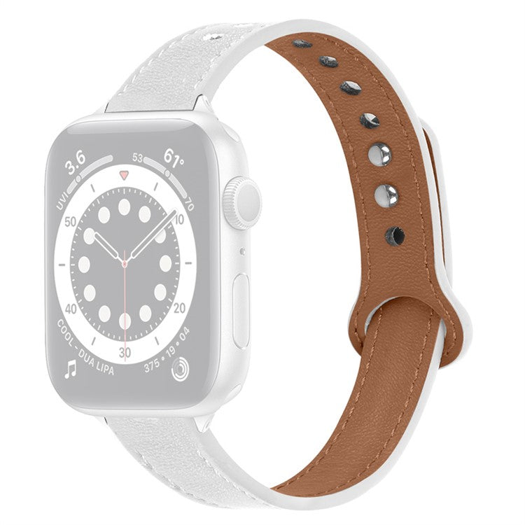 For Apple Watch Series 10 42mm / 9 8 7 41mm / 6 5 4 SE SE (2022) SE (2023) 40mm / 3 2 1 38mm Genuine Cowhide Leather Watch Band Double Snap Button Replacement Strap (Black Connector) - White