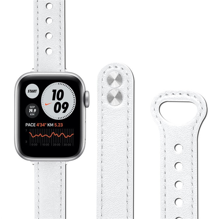 For Apple Watch Series 10 42mm / 9 8 7 41mm / 6 5 4 SE SE (2022) SE (2023) 40mm / 3 2 1 38mm Genuine Cowhide Leather Watch Band Double Snap Button Replacement Strap (Black Connector) - White