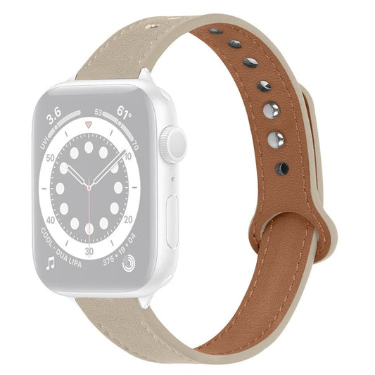 For Apple Watch Series 10 42mm / 9 8 7 41mm / 6 5 4 SE SE (2022) SE (2023) 40mm / 3 2 1 38mm Genuine Cowhide Leather Watch Band Double Snap Button Replacement Strap (Black Connector) - Ivory White