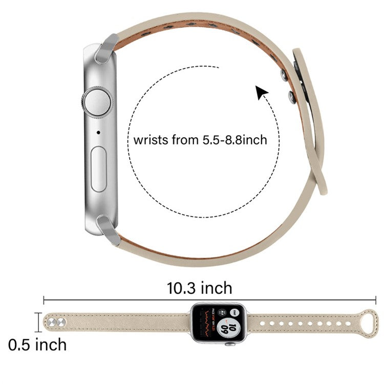 For Apple Watch Series 10 42mm / 9 8 7 41mm / 6 5 4 SE SE (2022) SE (2023) 40mm / 3 2 1 38mm Genuine Cowhide Leather Watch Band Double Snap Button Replacement Strap (Black Connector) - Ivory White