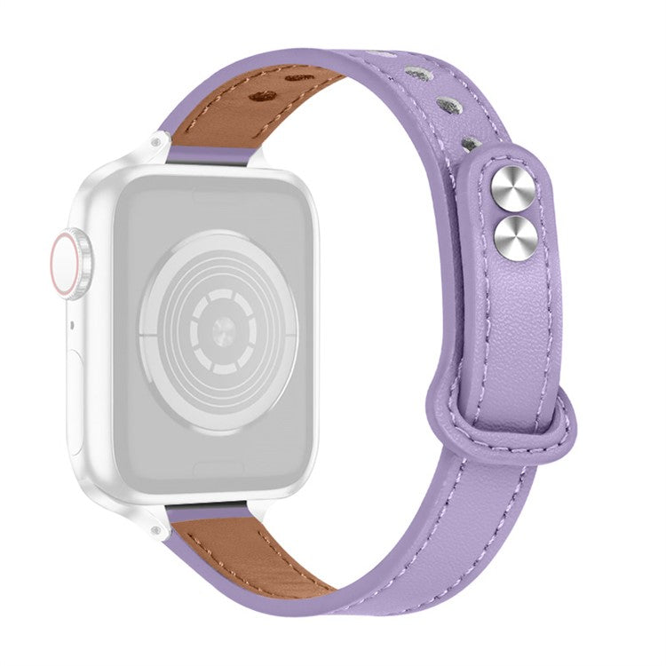 For Apple Watch Series 10 46mm / Ultra 2 Ultra 49mm / 9 8 7 45mm / SE (2023) SE (2022) SE 6 5 4 44mm / 3 2 1 42mm Top Layer Cowhide Quick Release Double Rivet Watch Strap, Black Connector - Light Purple