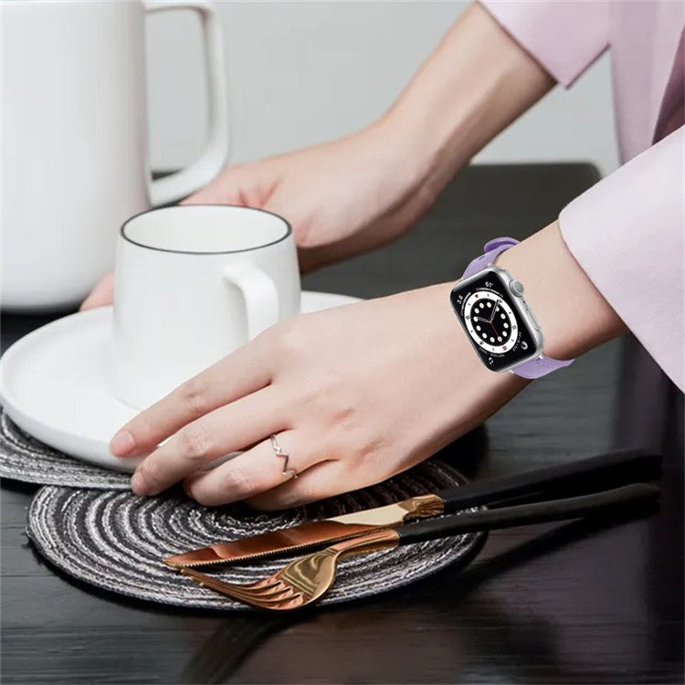 For Apple Watch Series 10 46mm / Ultra 2 Ultra 49mm / 9 8 7 45mm / SE (2023) SE (2022) SE 6 5 4 44mm / 3 2 1 42mm Top Layer Cowhide Quick Release Double Rivet Watch Strap, Black Connector - Light Purple